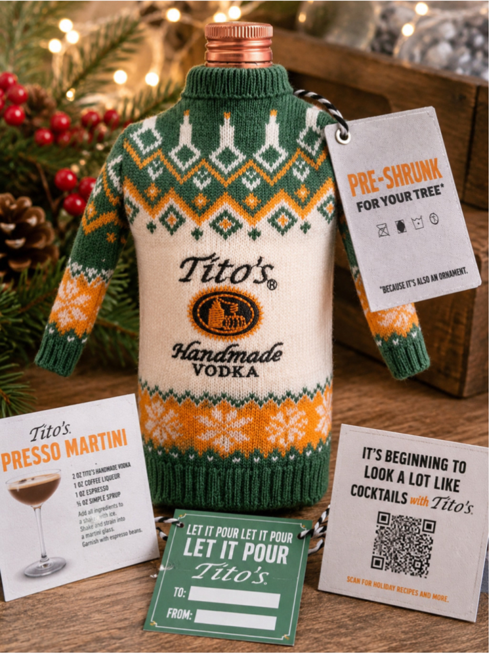 Tito’s Handmade Vodka Holiday Bottle Sweater Ornament NWT